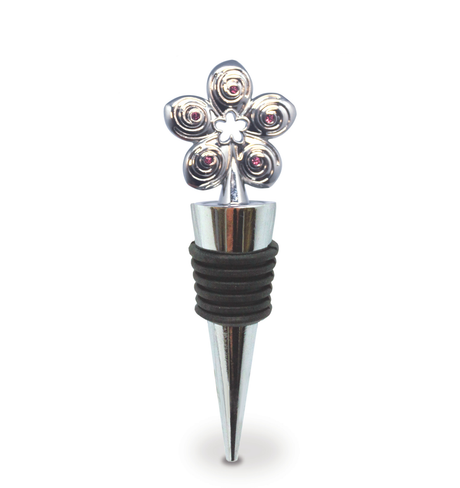 Silver flower-shaped bottle stopper on a white background