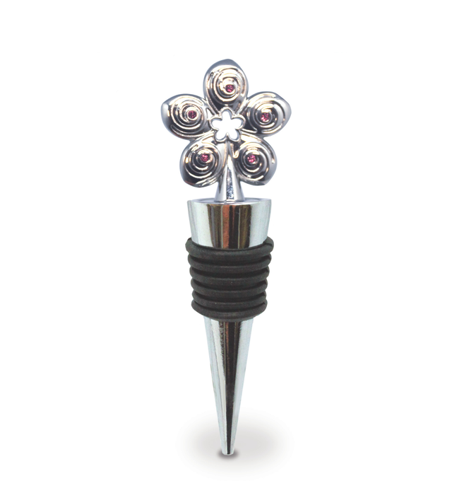 Silver flower-shaped bottle stopper on a white background