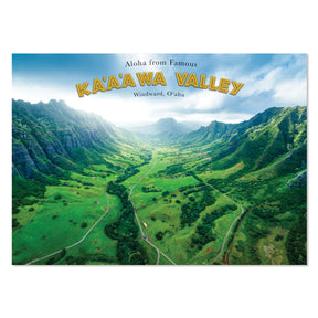 Scenic view of Kaaawa Valley with lush greenery and mountains, featuring text 'Aloha from Famous Kaaawa Valley Windward, Oahu'.
