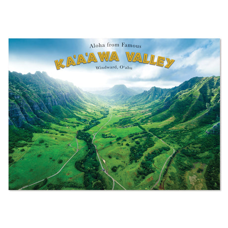 Scenic view of Kaaawa Valley with lush greenery and mountains, featuring text 'Aloha from Famous Kaaawa Valley Windward, Oahu'.
