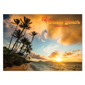 Beach scene with palm trees and sunset, featuring 'Kahala Beach Honolulu, Hawaii' text.