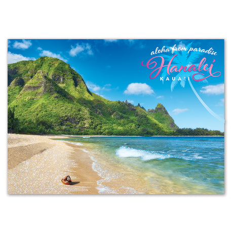 Beach scene with green mountain and clear blue sky, featuring 'Hawaii' text.