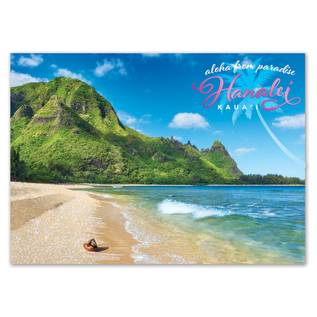 Beach scene with green mountain and clear blue sky, featuring 'Hawaii' text.