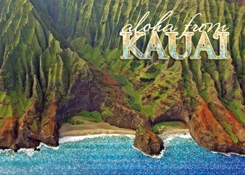 Scenic view of Kauai with text 'aloha from KAUAI' over a mountainous landscape.