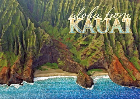 Scenic view of Kauai with text 'aloha from KAUAI' over a mountainous landscape.