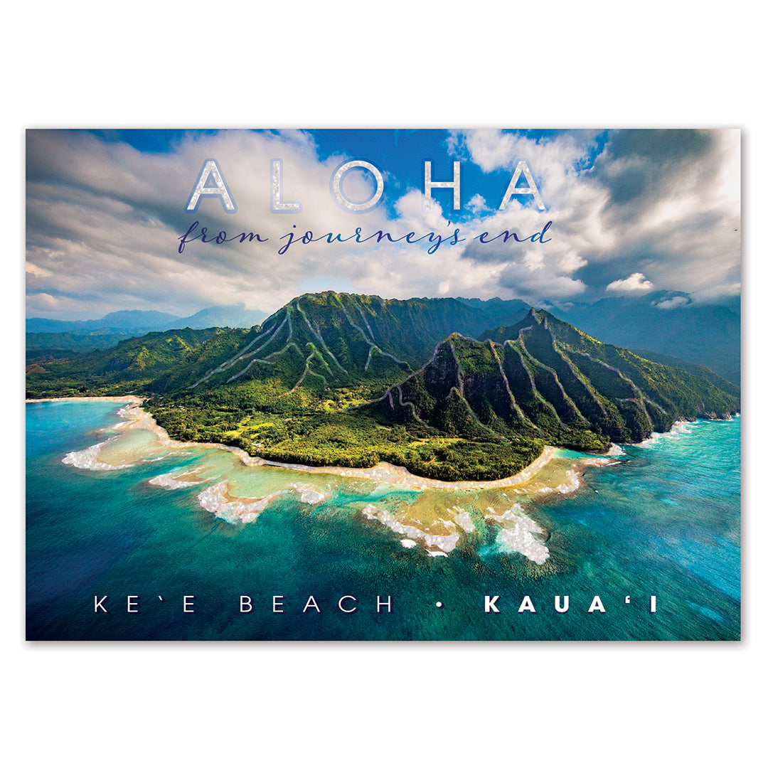 Aloha card with a scenic view of Ke'e Beach and Kaua'i, featuring mountains and ocean.