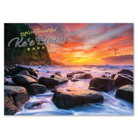Beach scene with rocks and sunset, featuring text 'explore beautiful Ke'e Beach Kauai'.