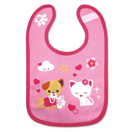 Pink baby bib with cartoon dog and cat design on a white background