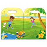 Illustrated card with two children playing on a grassy field with palm trees and a beach in the background.