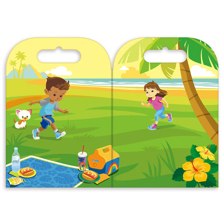 Illustrated card with two children playing on a grassy field with palm trees and a beach in the background.