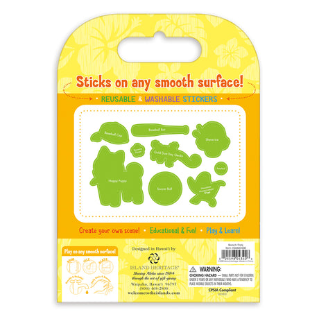 Packaging of reusable washable stickers with green shapes on a yellow background