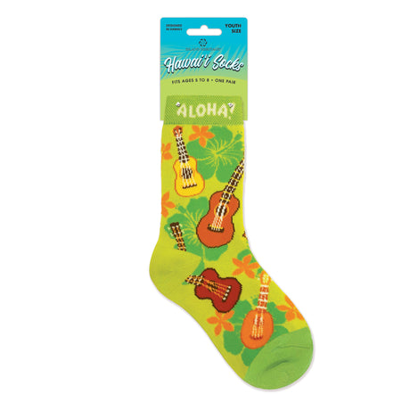 Colorful sock with ukulele design on a green background, featuring 'Hawaii Socks' packaging.