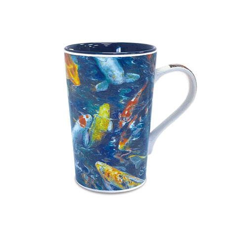 Mug with colorful fish design on a blue background