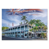 historic pioneer inn lahaina maui hotel with palm trees and a Hawaii flag, text 'In Memory of Times Gone By'.