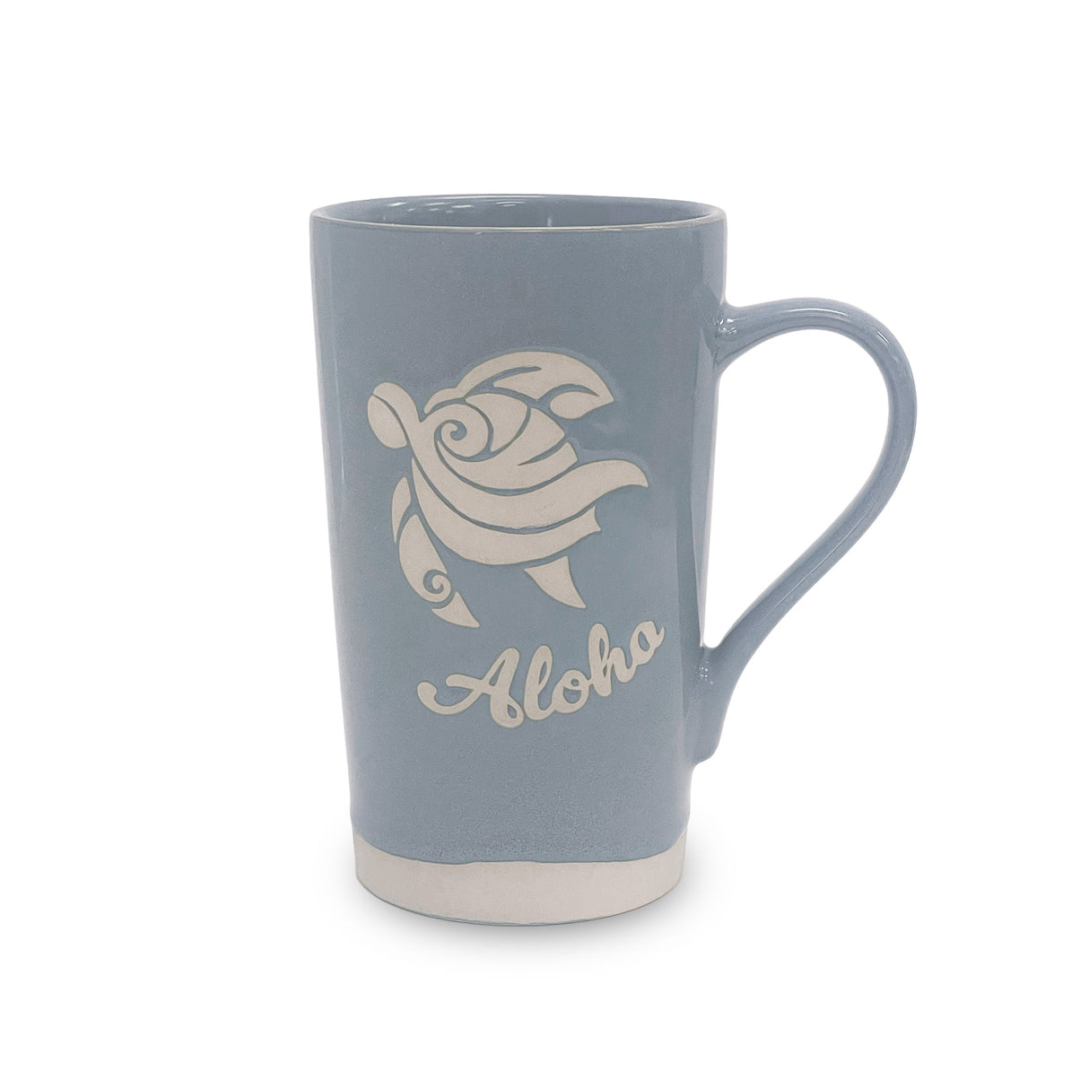 light blue mug with turtle design and 'Aloha' text on a white background