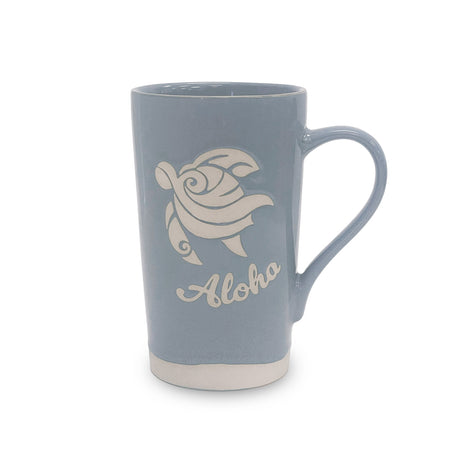light blue mug with turtle design and 'Aloha' text on a white background
