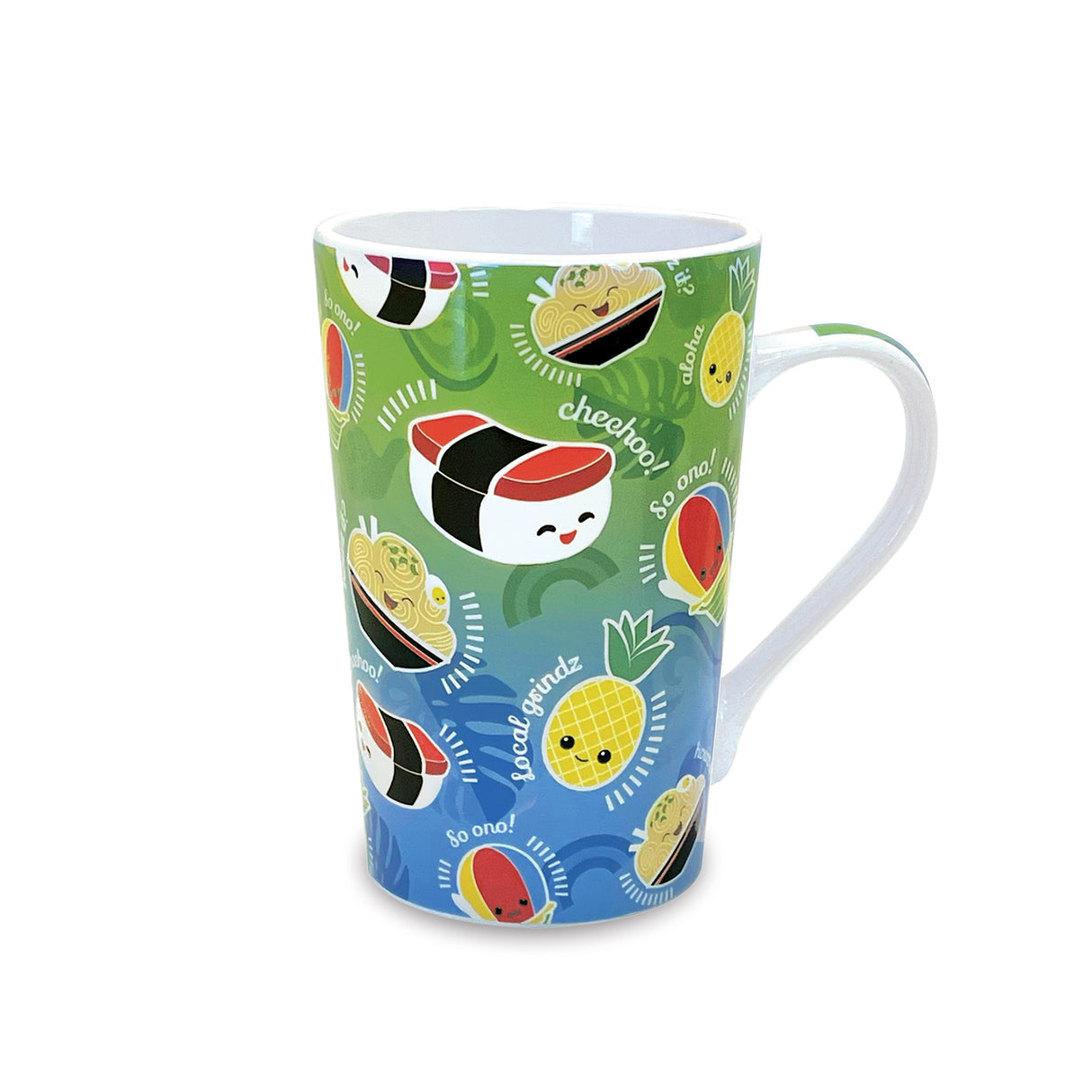 Colorful mug with cartoon musubi design on a white background