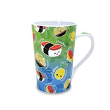 Colorful mug with cartoon musubi design on a white background