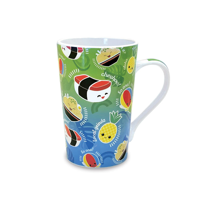 Colorful mug with cartoon musubi design on a white background