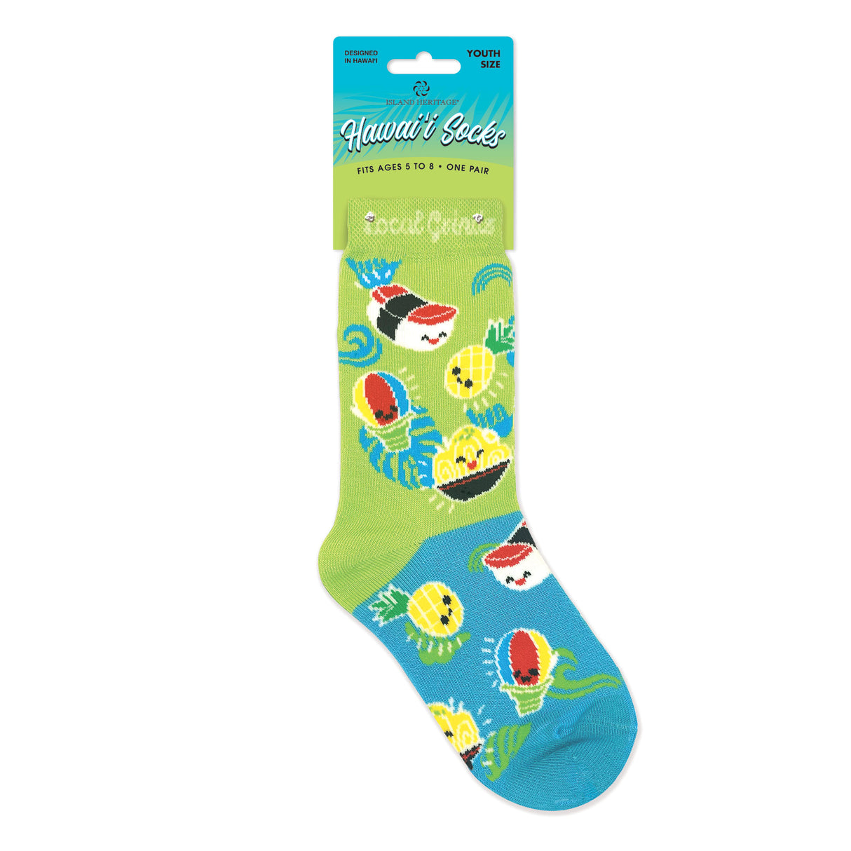 local hawaii food themed sock with packaging on a white background