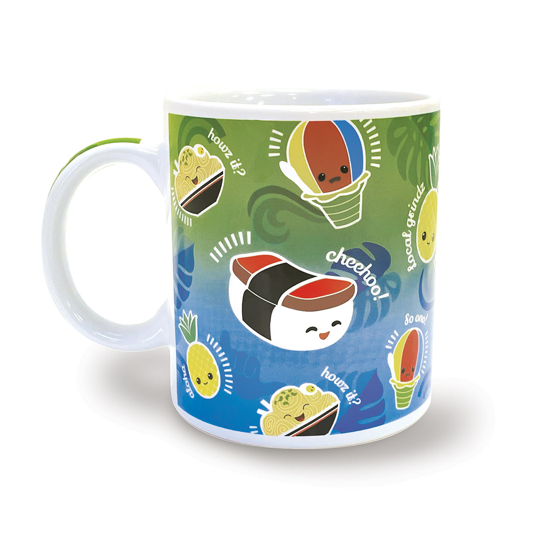 Mug with cartoon local hawaii food design on a white background