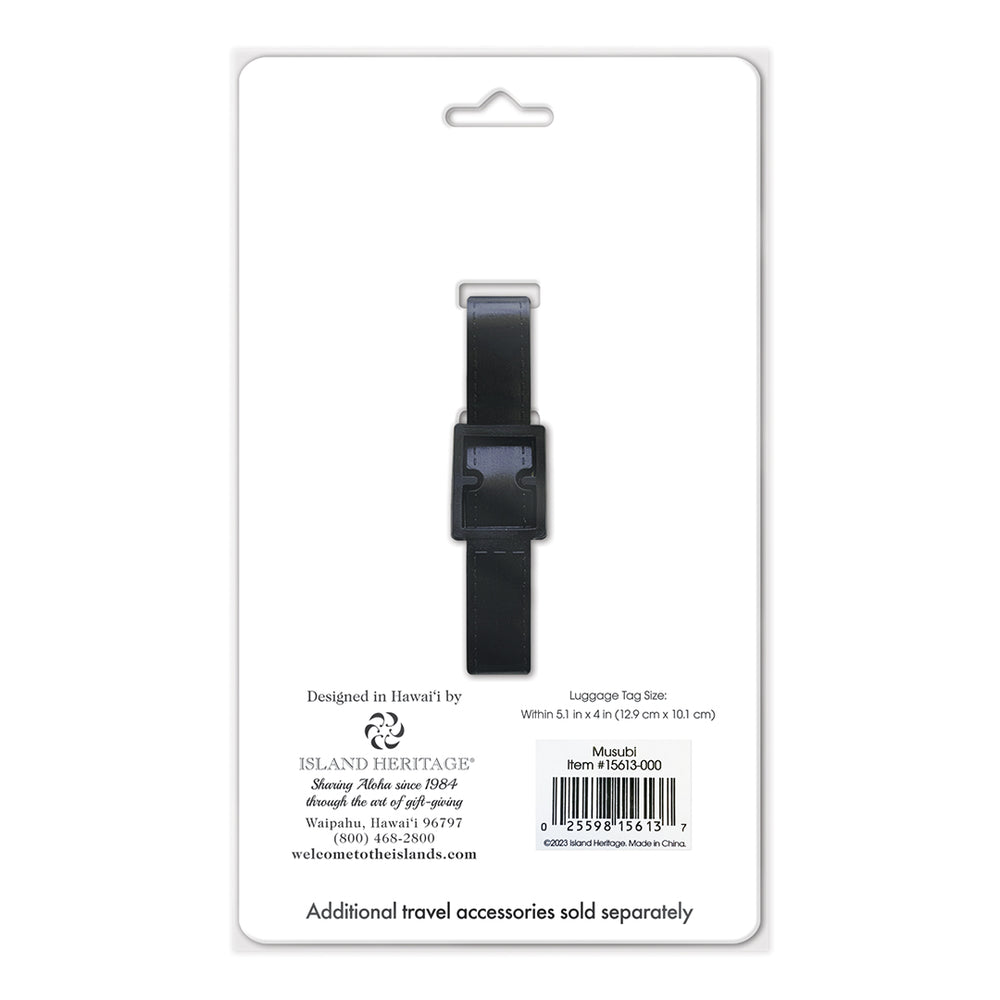 Back of white luggage tag package with black strap