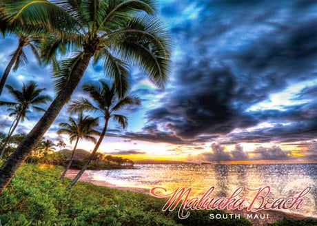 Palm trees on a beach with a colorful sunset sky, featuring the text 'Maluaka Beach South Maui'.