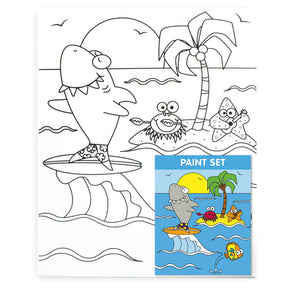 A black and white and a smaller colored cartoon island surfing shark themed paint set