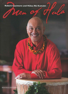 Man in red shirt with hula attire leaning on a drum, with text 'Men of Hula' at the top.