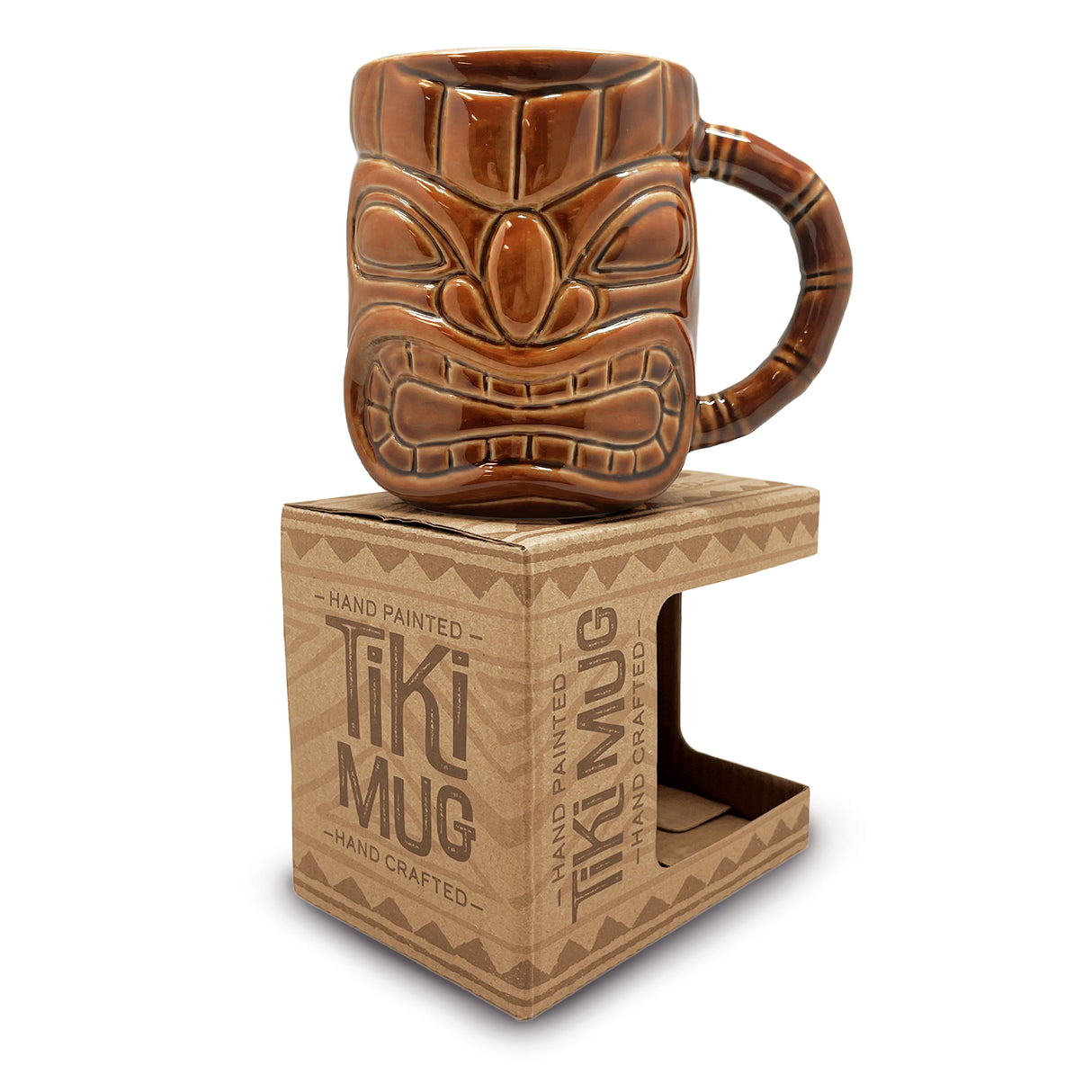 A brown tiki Hawaii mug on top of cardboard packaging.
