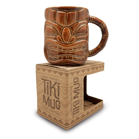 A brown tiki Hawaii mug on top of cardboard packaging.