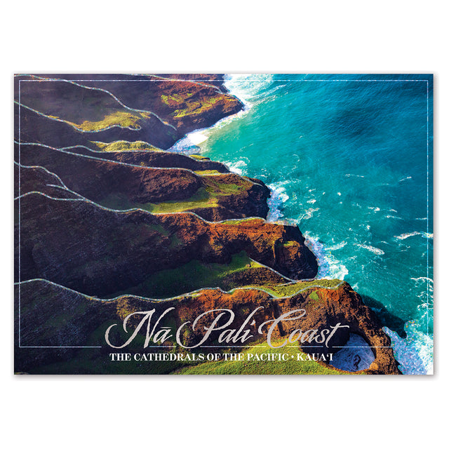 Scenic view of Na Pali Coast with cliffs and ocean, featuring the text 'Na Pali Coast'.