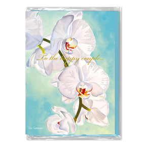 Card with white orchids and 'To the happy couple' text on a light blue background