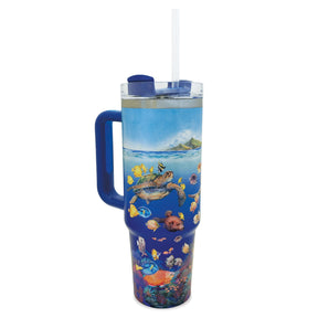30 oz. Tumbler, Ocean of Friends, featuring a colorful marine life design with a sturdy handle