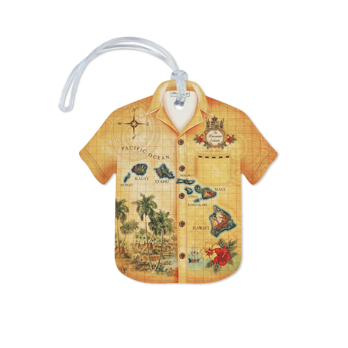 Aloha Shirt Luggage Tag, Islands of Hawai‘i - Tan, featuring a tropical island map design