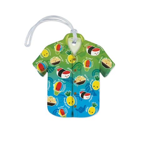 Front view of the Aloha Shirt Luggage Tag, Local Grindz 2, featuring a vibrant Hawaiian food-inspired design