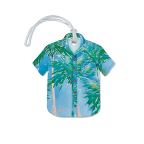 Front view of the Aloha Shirt Luggage Tag, Swaying Palms, featuring a serene tropical palm tree design