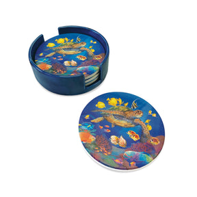 Coaster 4-Pack with Ceramic Caddy, Ocean of Friends, neatly arranged in a sleek ceramic holder