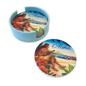 Coaster 4-Pack with Ceramic Caddy, Vintage Hawaii, featuring a nostalgic Hawaii-inspired design on absorbent ceramic coasters