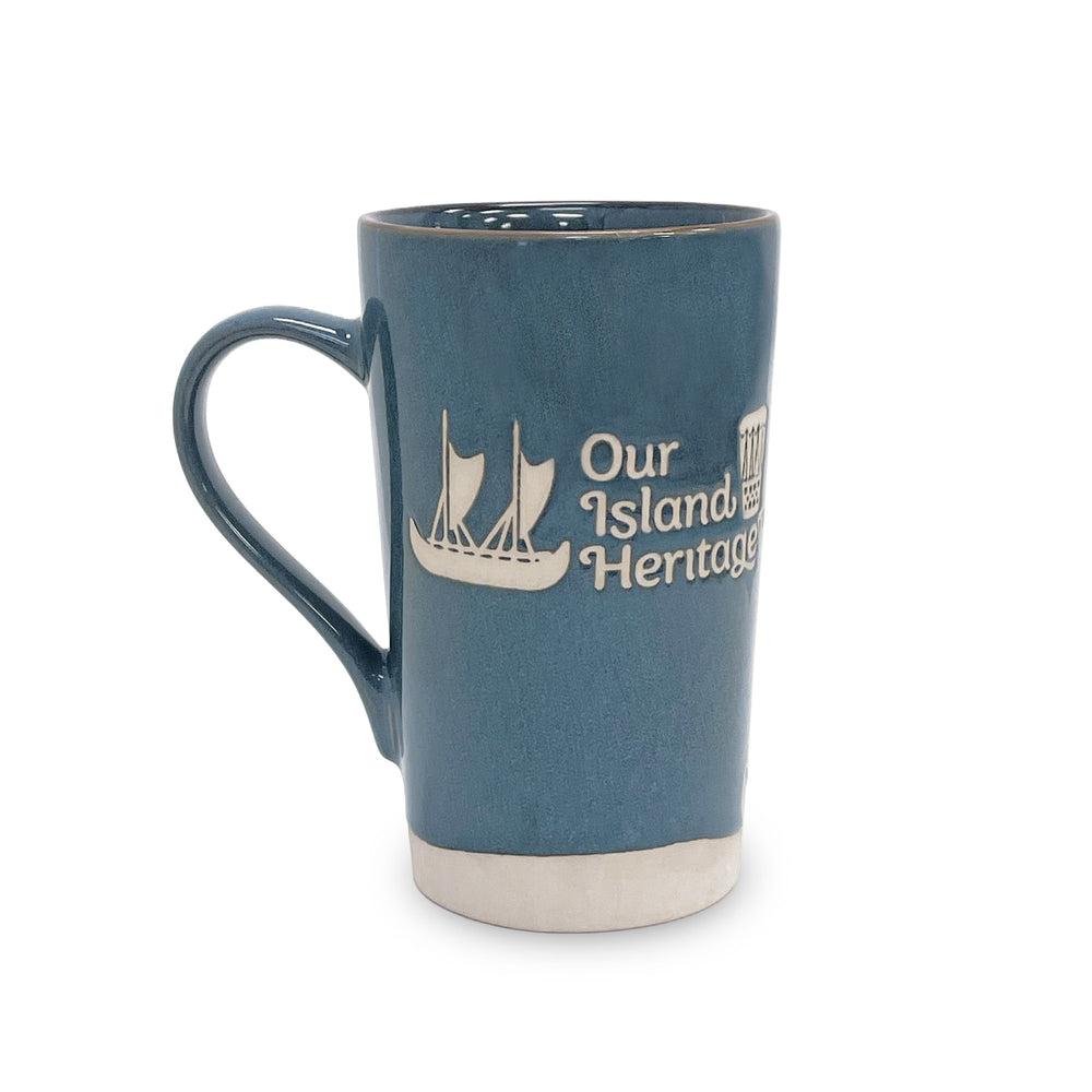 Blue mug with 'Our Island Heritage' text and logo on a white background
