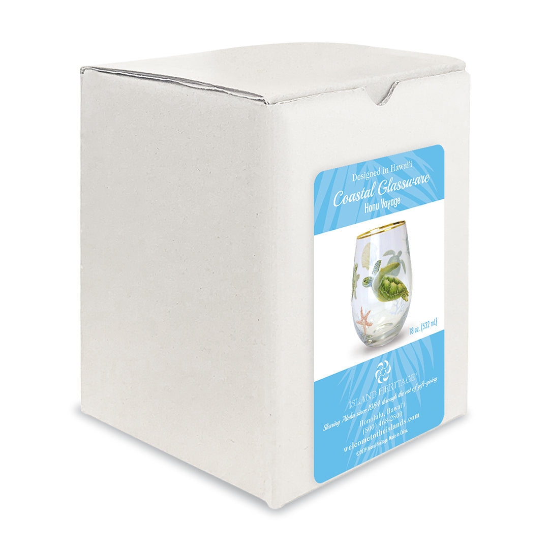 Cardboard box with label for coastal glassware hunu turtle glass cup