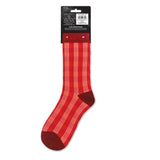 Red hawaiian palaka sock on a white background with a brand label.