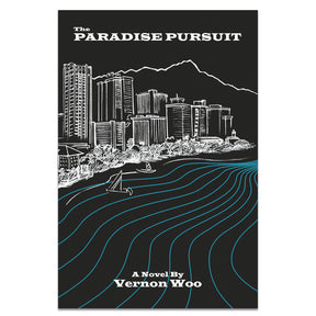 Book cover of 'The Paradise Pursuit' by Vernon Woo with a city skyline and ocean design.