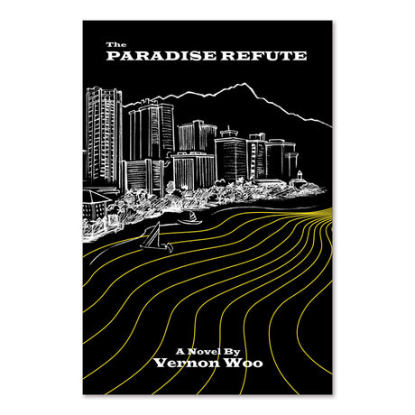 Book cover of 'The Paradise Refute' by Vernon Woo with a cityscape illustration on a black background.