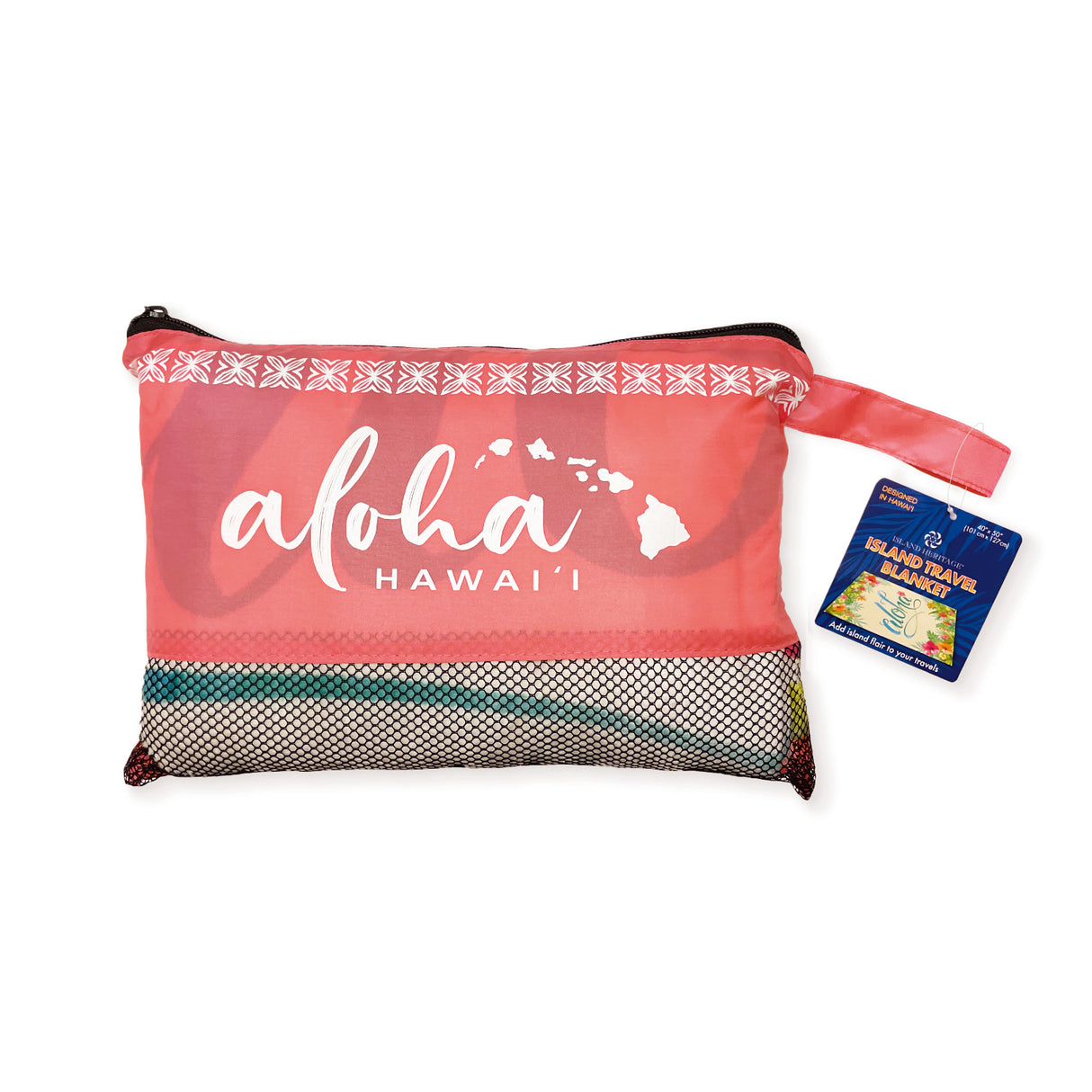 A pink mesh zipped package of an island travel blanket with words aloha Hawaii and a map of the islands