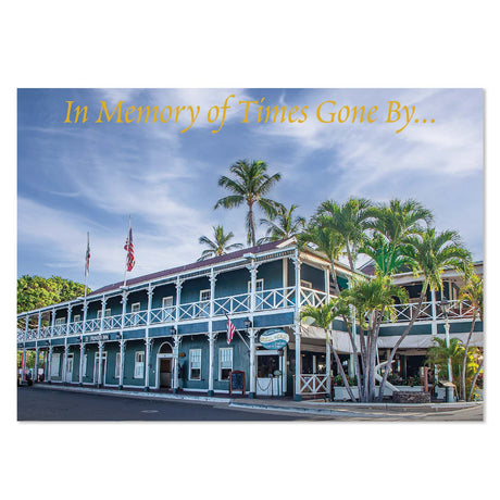 Historic building with palm trees and a clear sky, featuring text 'In Memory of Times Gone By'.
