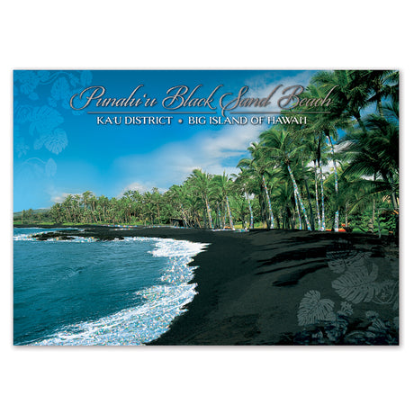 Punalu'u Black Sand Beach on the Big Island of Hawaii with palm trees and ocean waves.