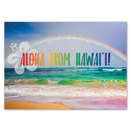 Beach scene with rainbow and text 'Aloha from Hawai'i' on a blue sky background