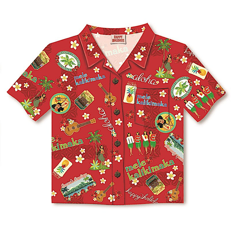 A Christmas card designed like a red aloha shirt with various festive illustrations and text.