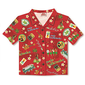 A Christmas card designed like a red aloha shirt with various festive illustrations and text.